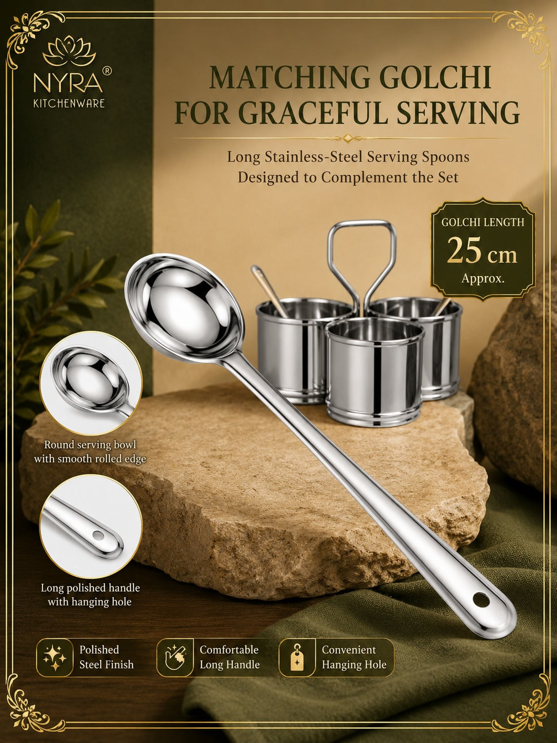 Stainless Steel Chaumukha/Chougadha Vegetable Holder with Golchi/Ladle | Food-grade Curry, Chutney, Rice Serving set - 2 Bowl, 3 Bowl & 4 Bowl