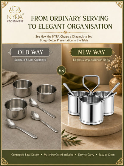 Stainless Steel Chaumukha/Chougadha Vegetable Holder with Golchi/Ladle | Food-grade Curry, Chutney, Rice Serving set - 2 Bowl, 3 Bowl & 4 Bowl