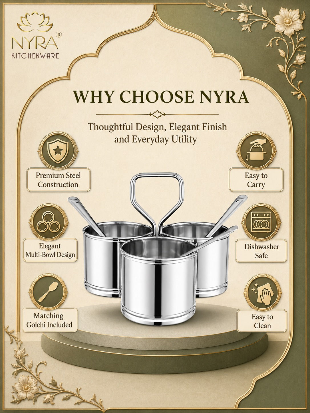 Stainless Steel Chaumukha/Chougadha Vegetable Holder with Golchi/Ladle | Food-grade Curry, Chutney, Rice Serving set - 2 Bowl, 3 Bowl & 4 Bowl