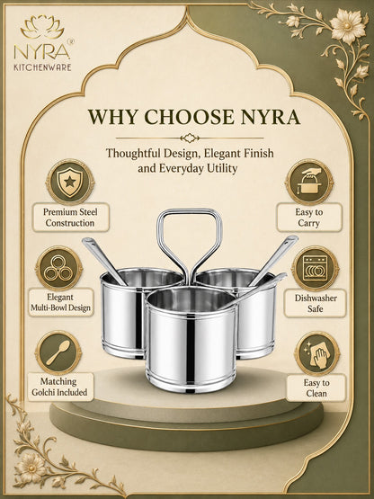 Stainless Steel Chaumukha/Chougadha Vegetable Holder with Golchi/Ladle | Food-grade Curry, Chutney, Rice Serving set - 2 Bowl, 3 Bowl & 4 Bowl