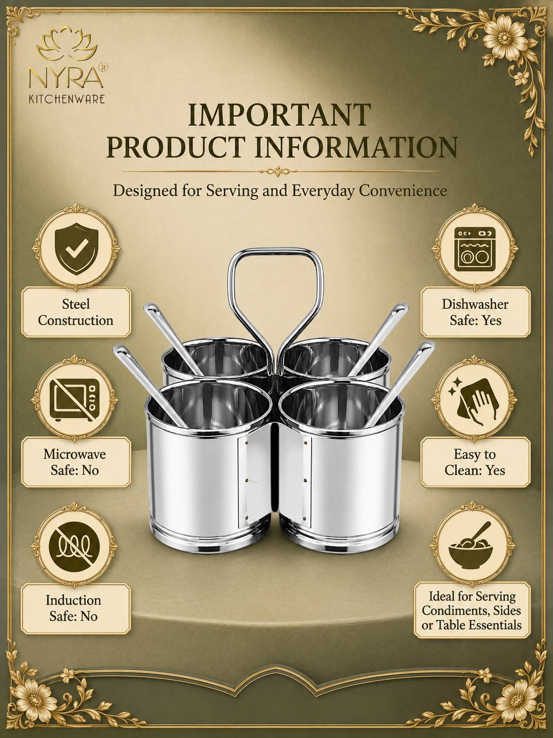Stainless Steel Chaumukha/Chougadha Vegetable Holder with Golchi/Ladle | Food-grade Curry, Chutney, Rice Serving set - 2 Bowl, 3 Bowl & 4 Bowl