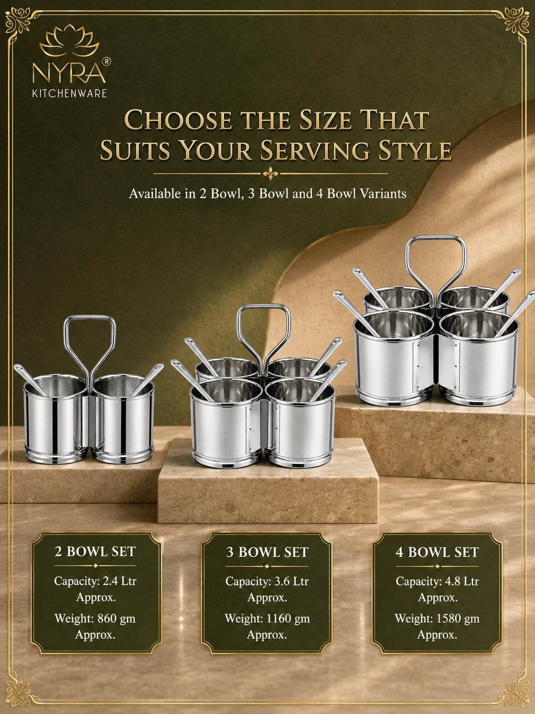 Stainless Steel Chaumukha/Chougadha Vegetable Holder with Golchi/Ladle | Food-grade Curry, Chutney, Rice Serving set - 2 Bowl, 3 Bowl & 4 Bowl