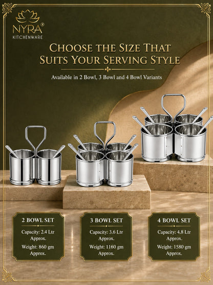 Stainless Steel Chaumukha/Chougadha Vegetable Holder with Golchi/Ladle | Food-grade Curry, Chutney, Rice Serving set - 2 Bowl, 3 Bowl & 4 Bowl