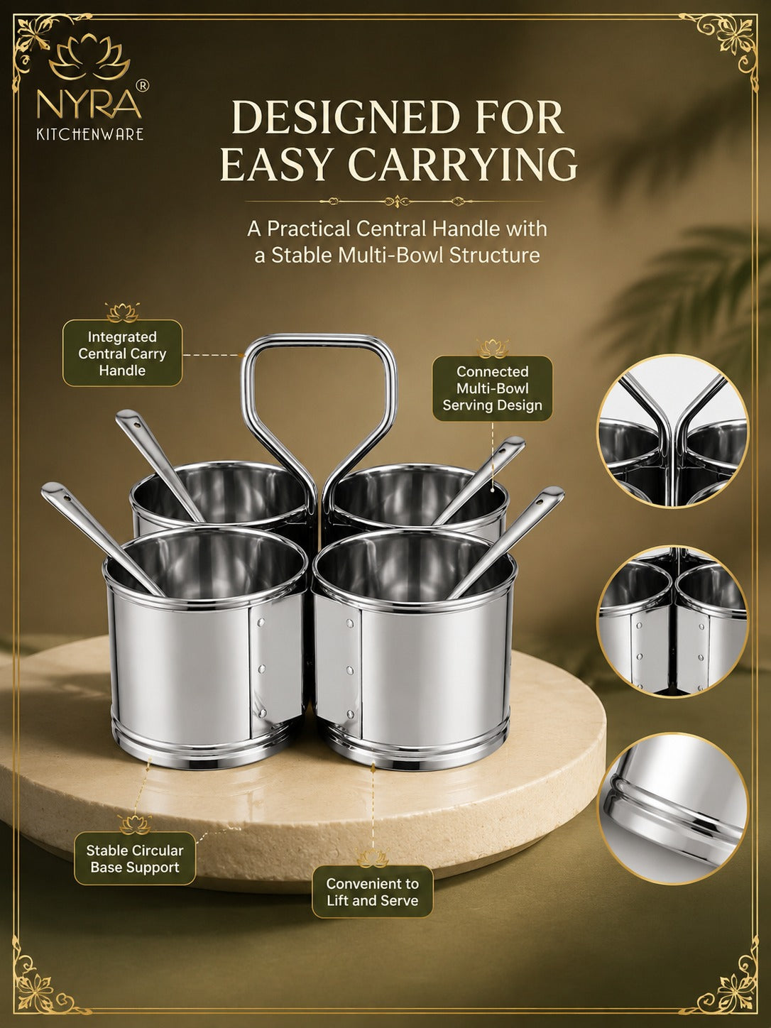 Stainless Steel Chaumukha/Chougadha Vegetable Holder with Golchi/Ladle | Food-grade Curry, Chutney, Rice Serving set - 2 Bowl, 3 Bowl & 4 Bowl