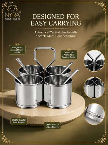 Stainless Steel Chaumukha/Chougadha Vegetable Holder with Golchi/Ladle | Food-grade Curry, Chutney, Rice Serving set - 2 Bowl, 3 Bowl & 4 Bowl