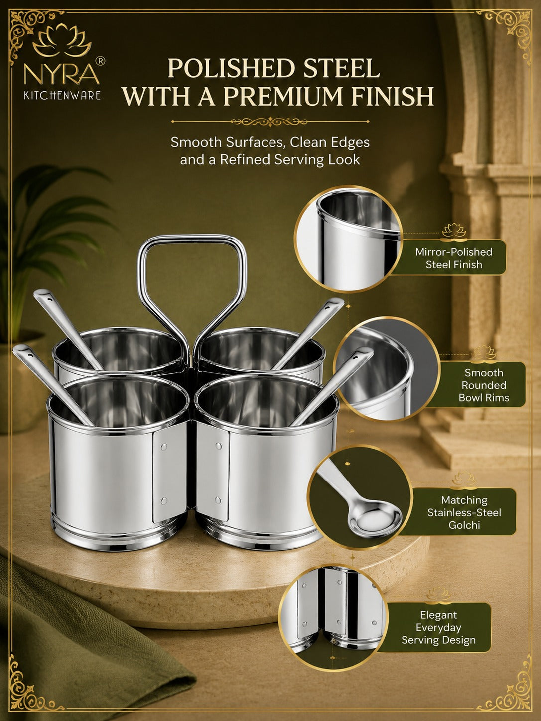 Stainless Steel Chaumukha/Chougadha Vegetable Holder with Golchi/Ladle | Food-grade Curry, Chutney, Rice Serving set - 2 Bowl, 3 Bowl & 4 Bowl