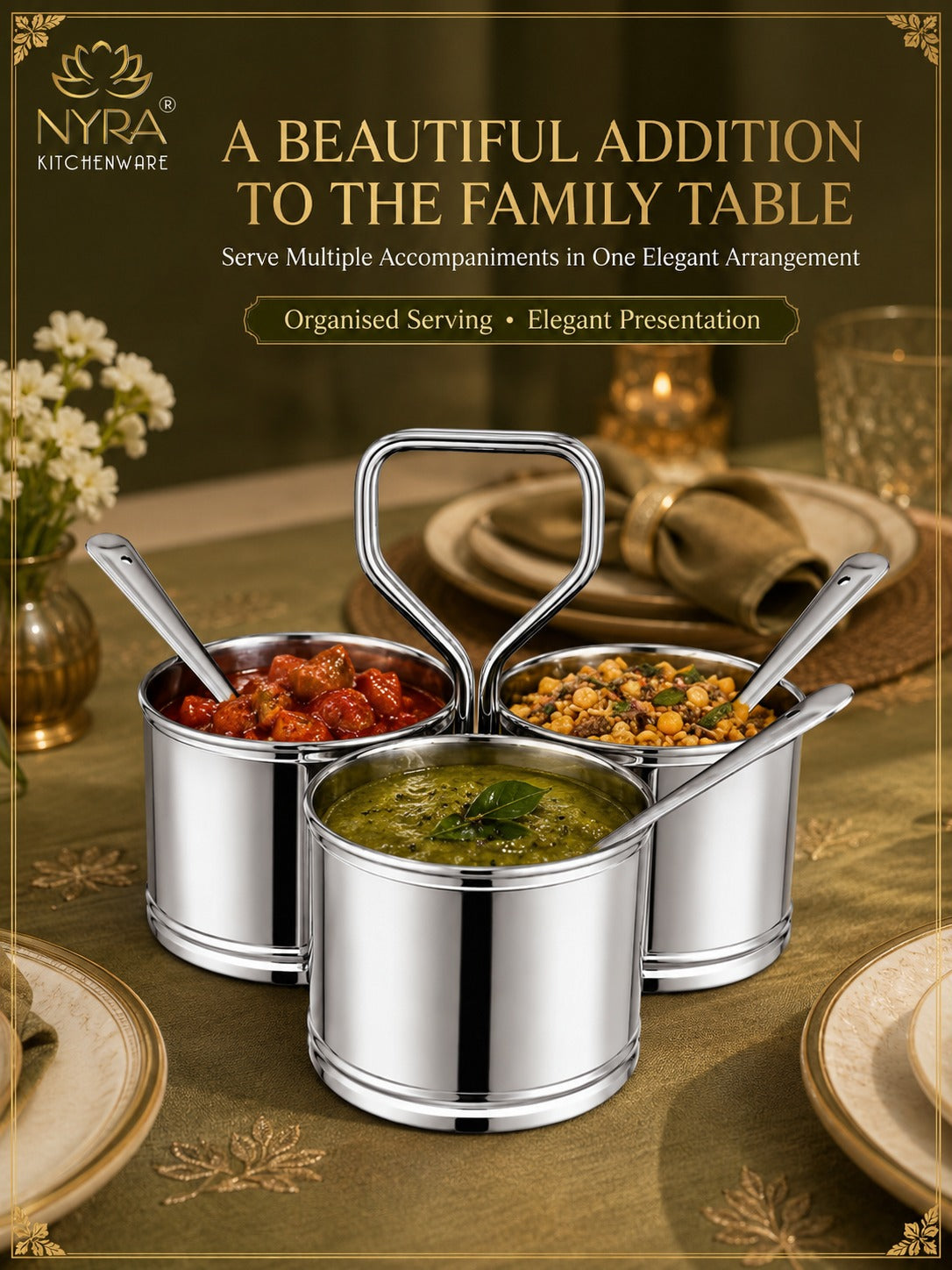 Stainless Steel Chaumukha/Chougadha Vegetable Holder with Golchi/Ladle | Food-grade Curry, Chutney, Rice Serving set - 2 Bowl, 3 Bowl & 4 Bowl