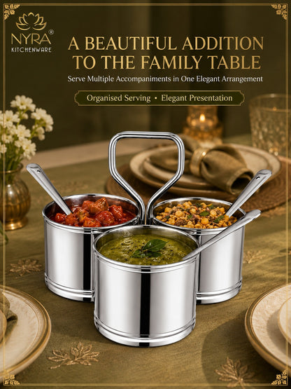 Stainless Steel Chaumukha/Chougadha Vegetable Holder with Golchi/Ladle | Food-grade Curry, Chutney, Rice Serving set - 2 Bowl, 3 Bowl & 4 Bowl