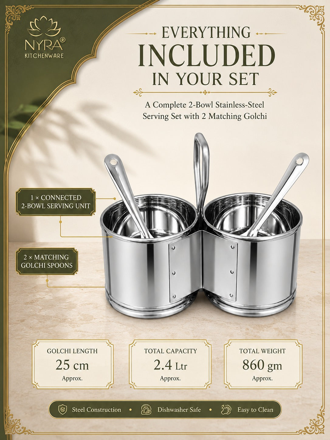 Stainless Steel Chaumukha/Chougadha Vegetable Holder with Golchi/Ladle | Food-grade Curry, Chutney, Rice Serving set - 2 Bowl, 3 Bowl & 4 Bowl