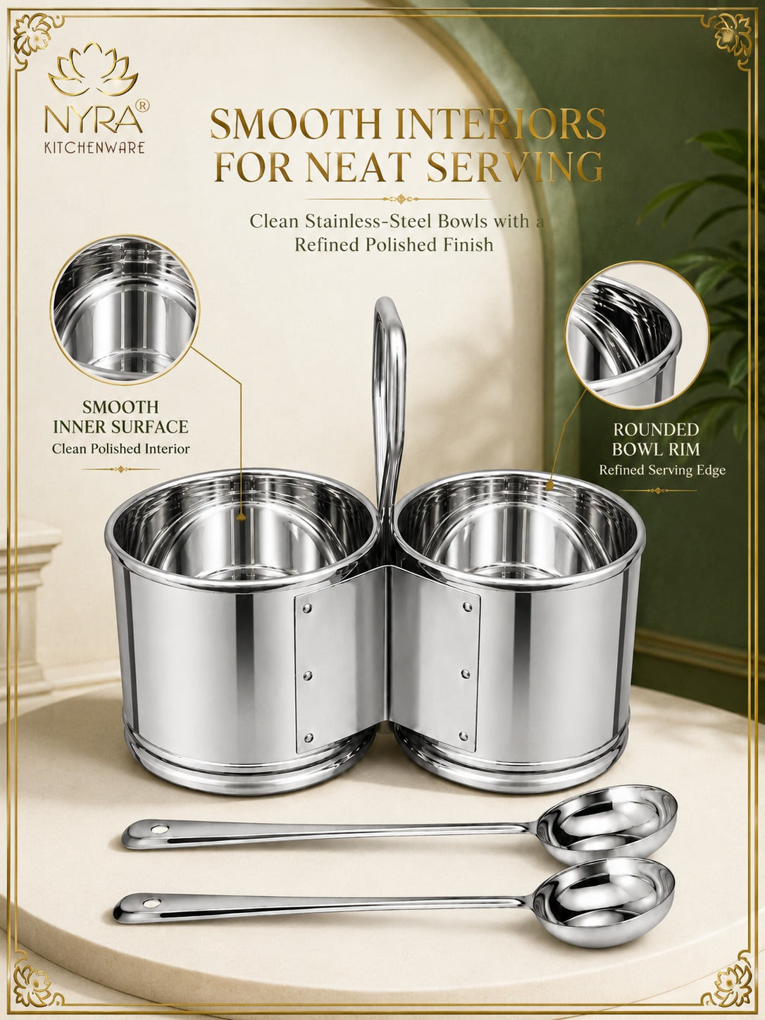 Stainless Steel Chaumukha/Chougadha Vegetable Holder with Golchi/Ladle | Food-grade Curry, Chutney, Rice Serving set - 2 Bowl, 3 Bowl & 4 Bowl