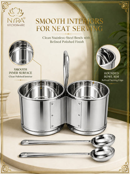 Stainless Steel Chaumukha/Chougadha Vegetable Holder with Golchi/Ladle | Food-grade Curry, Chutney, Rice Serving set - 2 Bowl, 3 Bowl & 4 Bowl