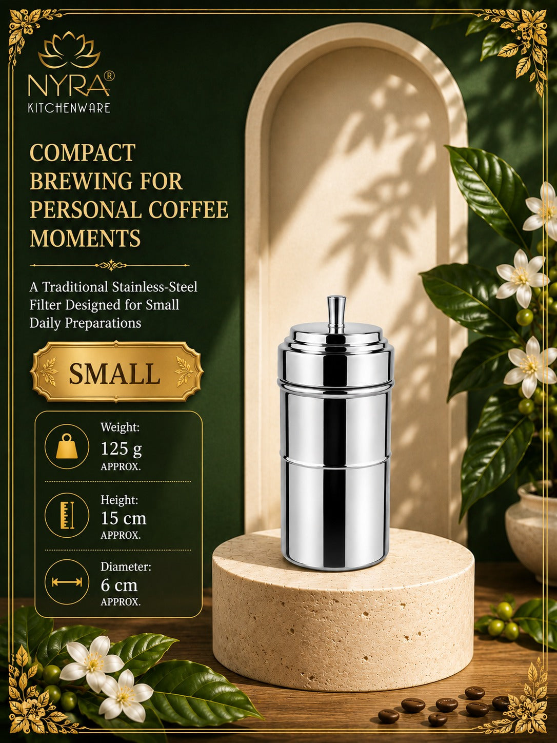 Stainless Steel Coffee Filter | Traditional 4-Part Coffee Decoction Maker with Pressing Disc and Lid