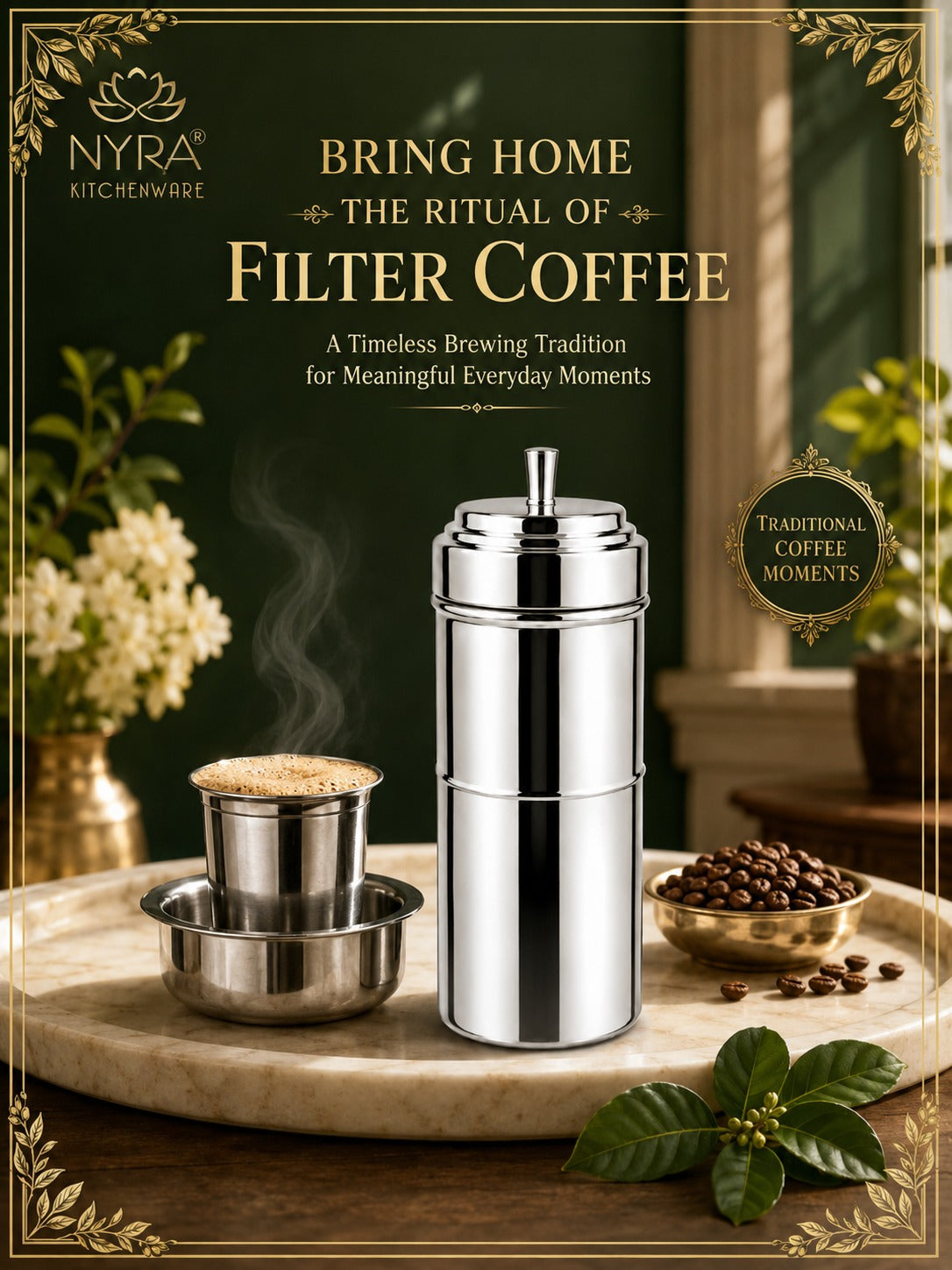 Stainless Steel Coffee Filter | Traditional 4-Part Coffee Decoction Maker with Pressing Disc and Lid