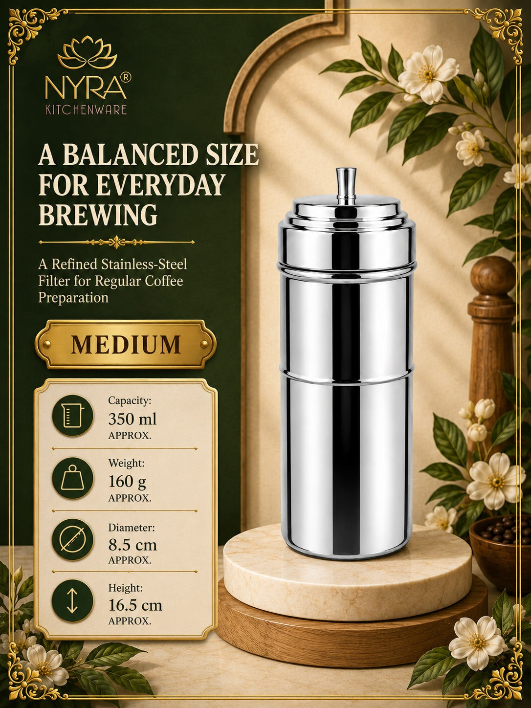 Stainless Steel Coffee Filter | Traditional 4-Part Coffee Decoction Maker with Pressing Disc and Lid