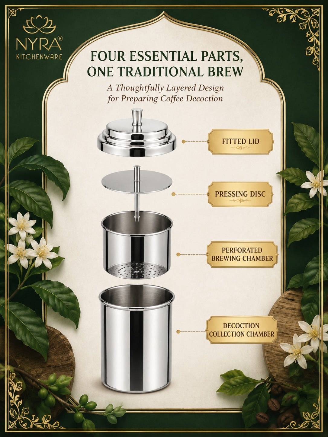 Stainless Steel Coffee Filter | Traditional 4-Part Coffee Decoction Maker with Pressing Disc and Lid
