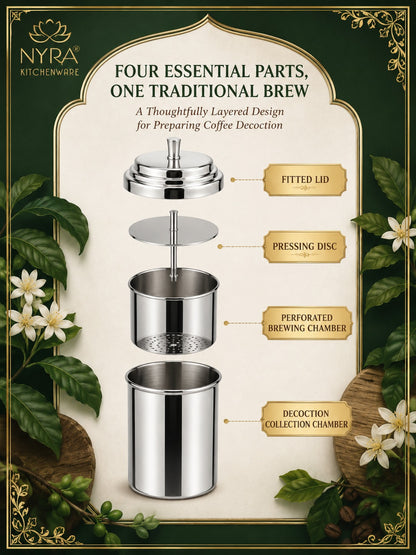 Stainless Steel Coffee Filter | Traditional 4-Part Coffee Decoction Maker with Pressing Disc and Lid