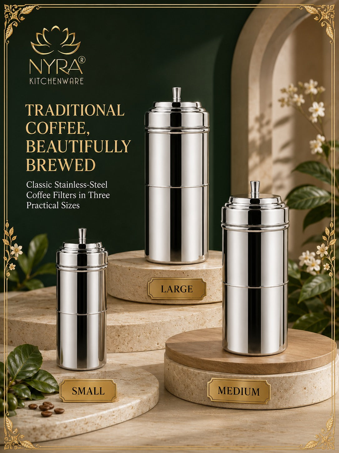 Stainless Steel Coffee Filter | Traditional 4-Part Coffee Decoction Maker with Pressing Disc and Lid