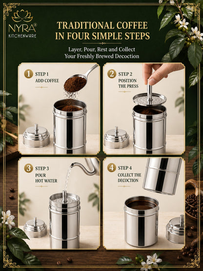 Stainless Steel Coffee Filter | Traditional 4-Part Coffee Decoction Maker with Pressing Disc and Lid