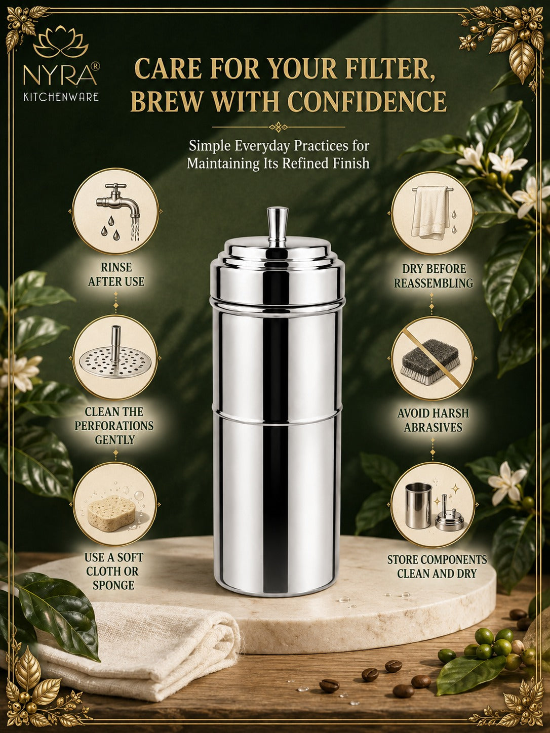 Stainless Steel Coffee Filter | Traditional 4-Part Coffee Decoction Maker with Pressing Disc and Lid