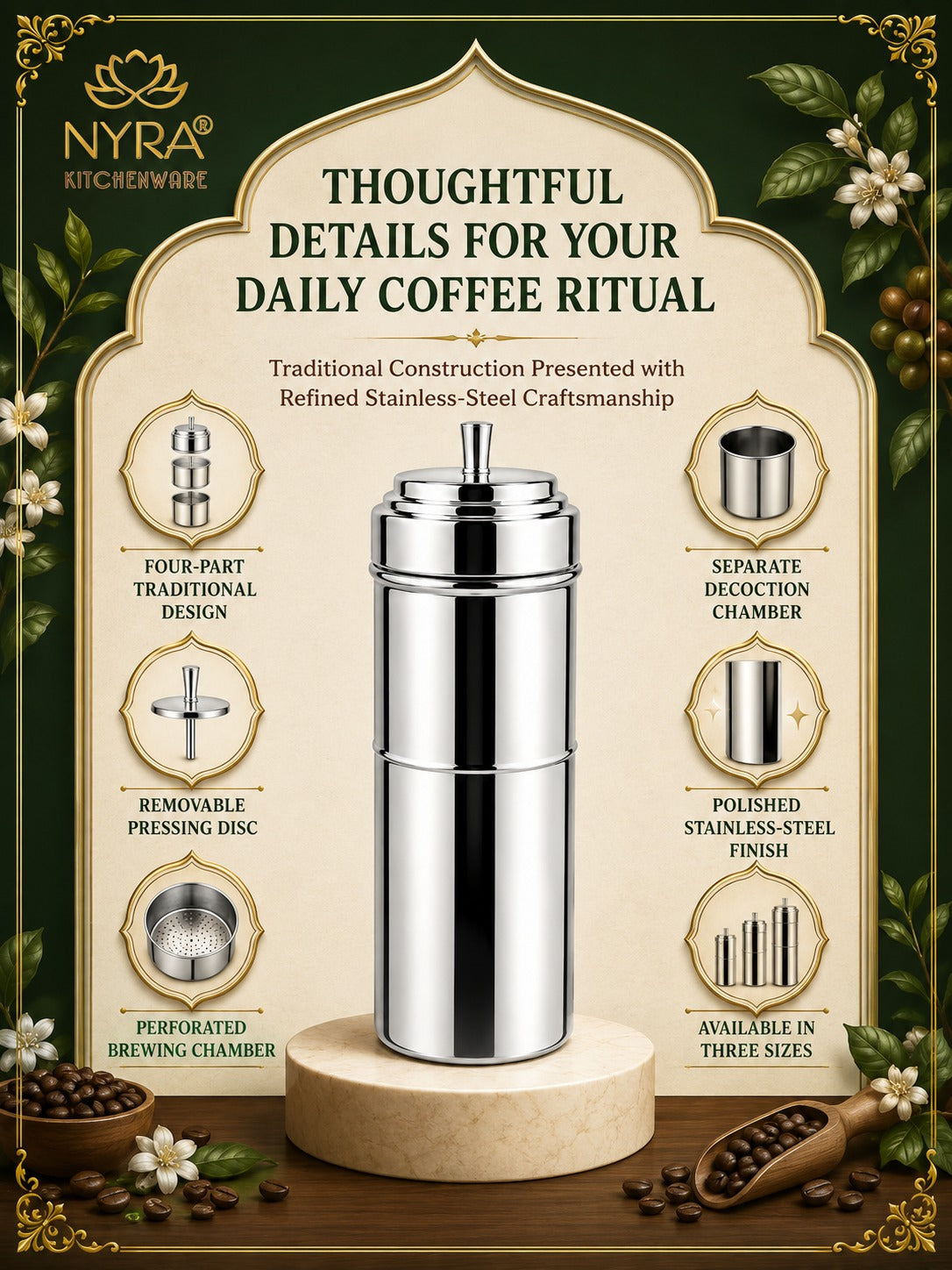 Stainless Steel Coffee Filter | Traditional 4-Part Coffee Decoction Maker with Pressing Disc and Lid