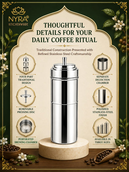 Stainless Steel Coffee Filter | Traditional 4-Part Coffee Decoction Maker with Pressing Disc and Lid