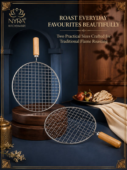 Stainless Steel Round Grill Roaster with Wooden Handle – Set of 2pcs.