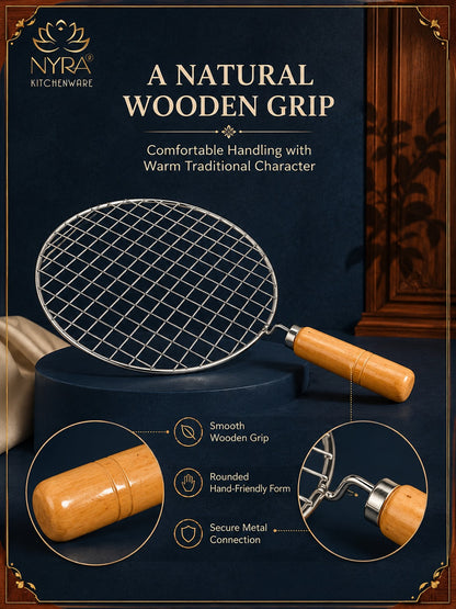 Stainless Steel Round Grill Roaster with Wooden Handle – Set of 2pcs.
