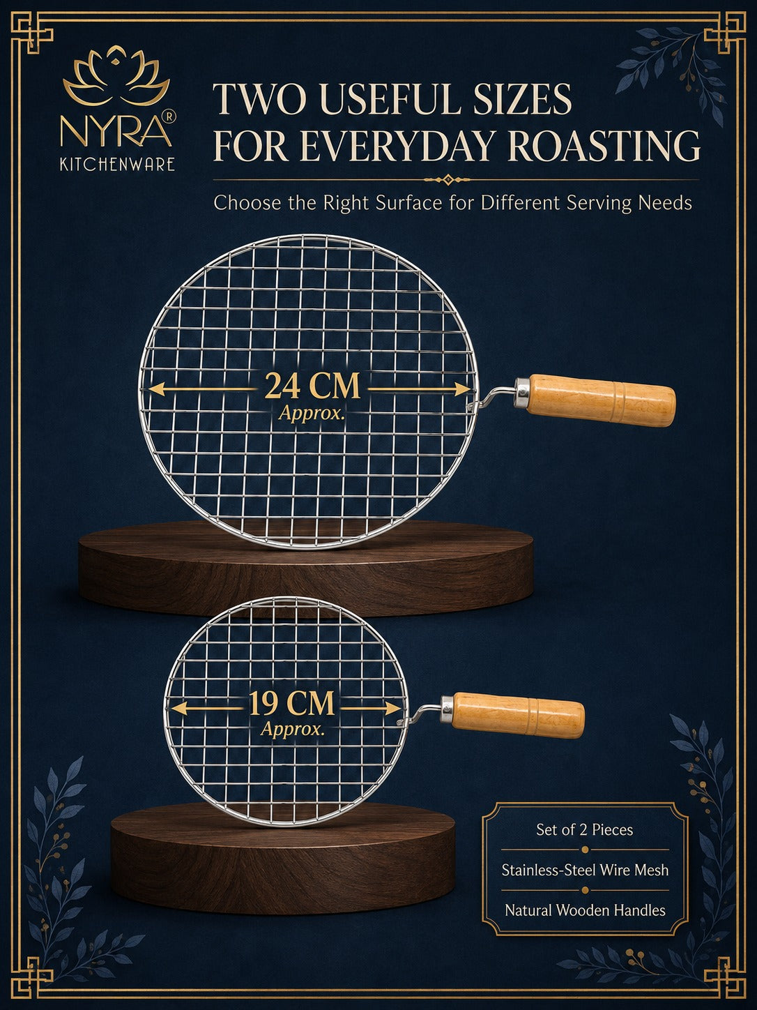 Stainless Steel Round Grill Roaster with Wooden Handle – Set of 2pcs.