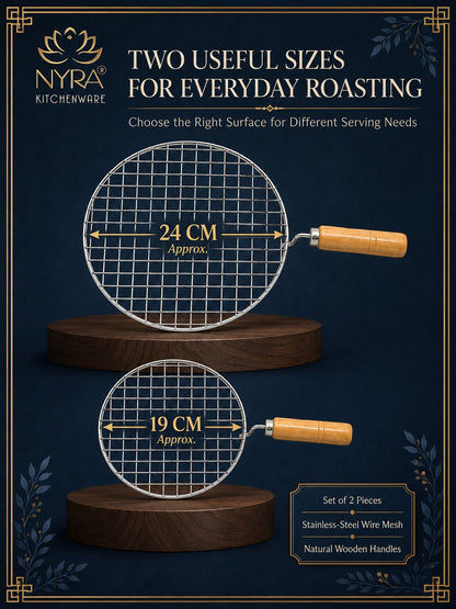Stainless Steel Round Grill Roaster with Wooden Handle – Set of 2pcs.