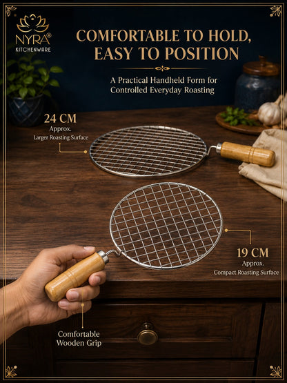 Stainless Steel Round Grill Roaster with Wooden Handle – Set of 2pcs.