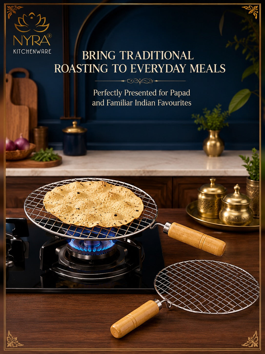 Stainless Steel Round Grill Roaster with Wooden Handle – Set of 2pcs.