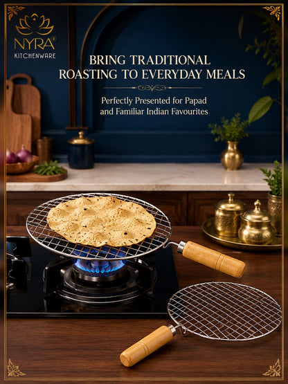 Stainless Steel Round Grill Roaster with Wooden Handle – Set of 2pcs.