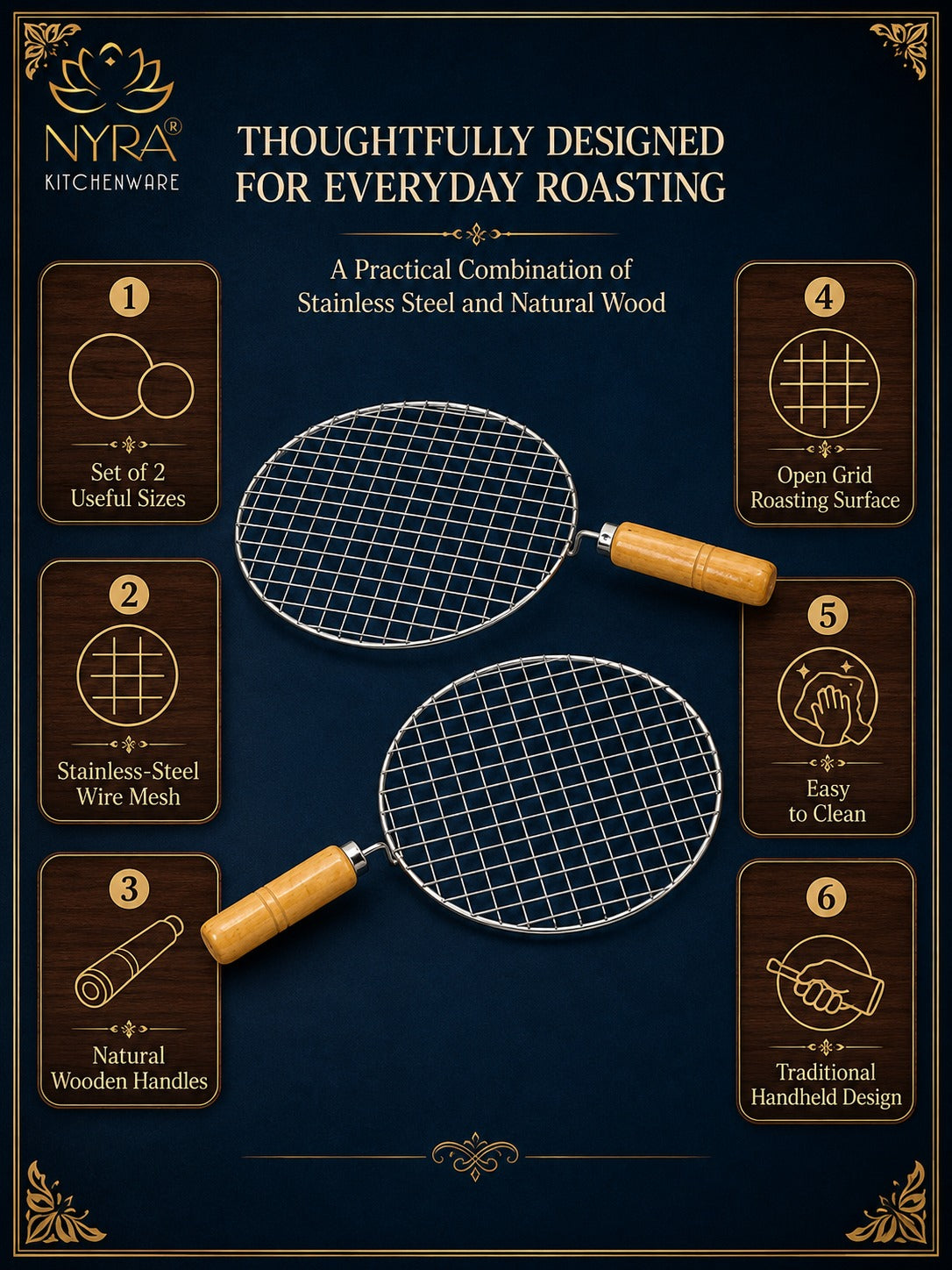 Stainless Steel Round Grill Roaster with Wooden Handle – Set of 2pcs.