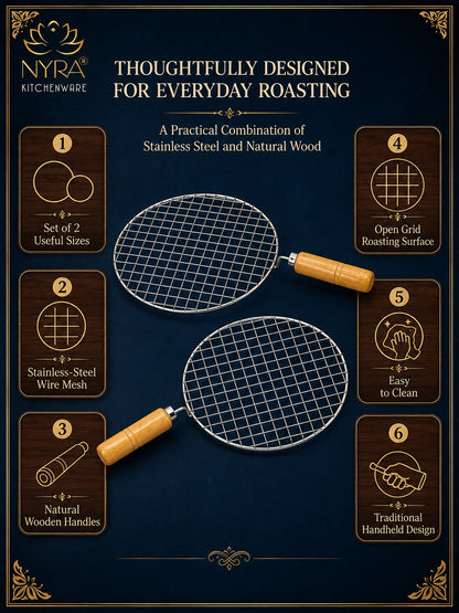 Stainless Steel Round Grill Roaster with Wooden Handle – Set of 2pcs.