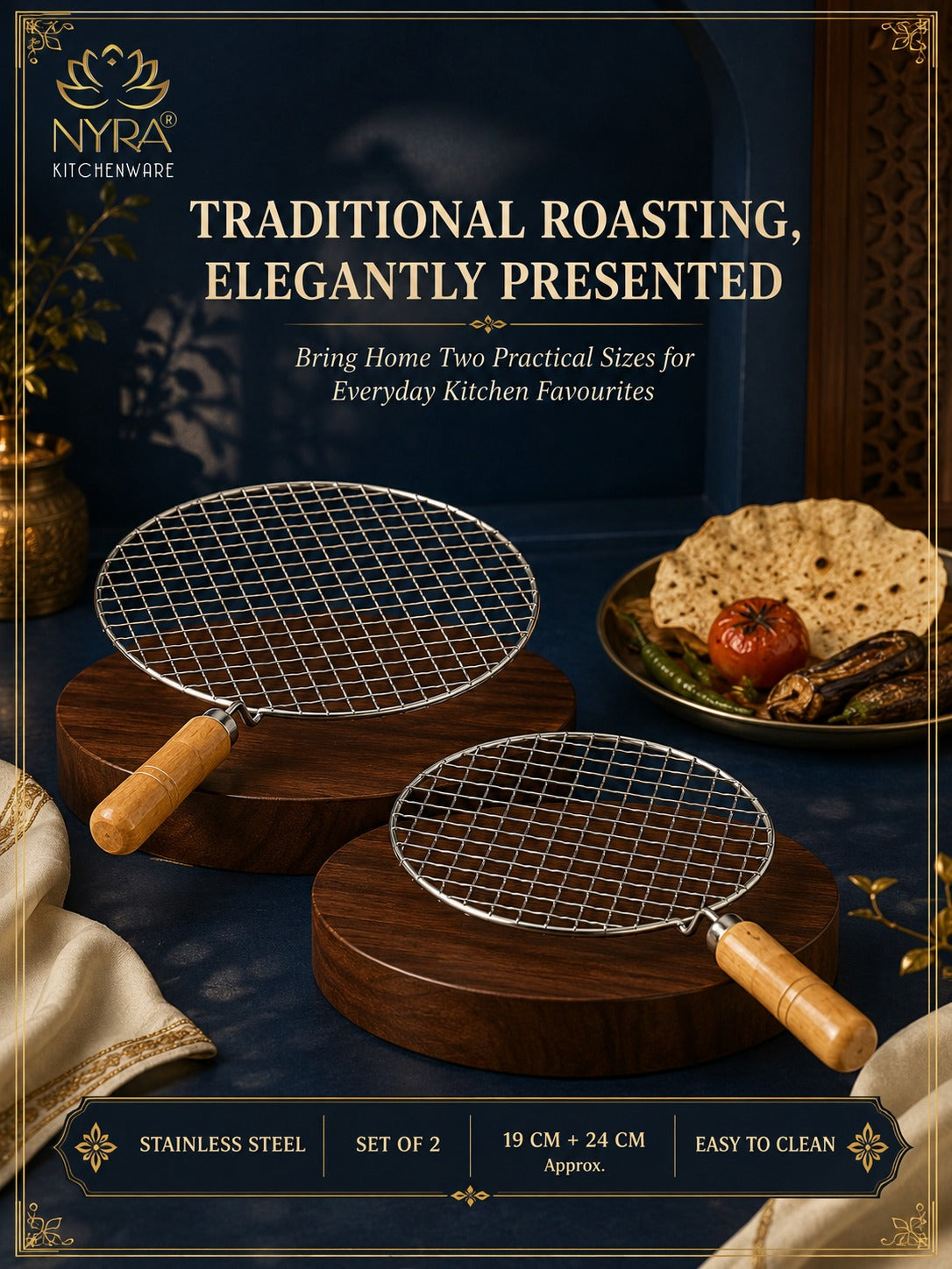 Stainless Steel Round Grill Roaster with Wooden Handle – Set of 2pcs.