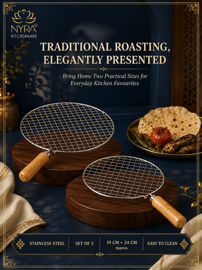 Stainless Steel Round Grill Roaster with Wooden Handle – Set of 2pcs.
