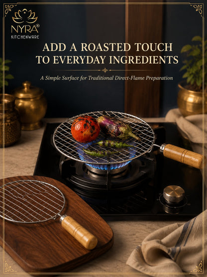 Stainless Steel Round Grill Roaster with Wooden Handle – Set of 2pcs.