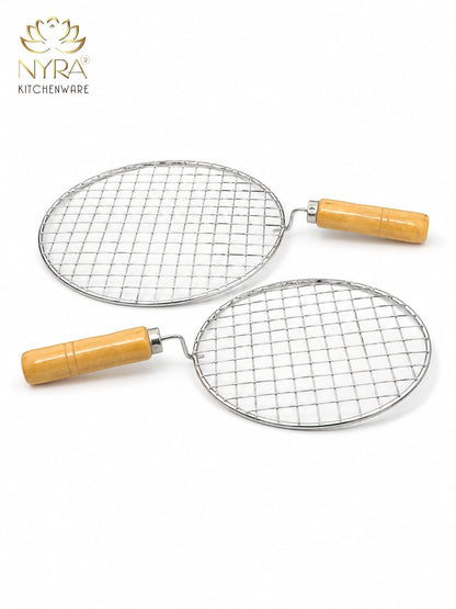 Stainless Steel Round Grill Roaster with Wooden Handle – Set of 2pcs.