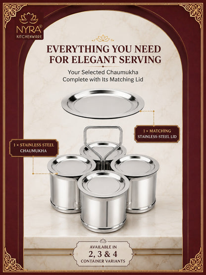 Stainless Steel Vegetable Holder/Chougadha with Lid | Heavy Gauge Food Grade Chaumukha - for serving | Available in 2, 3 & 4 Container Options