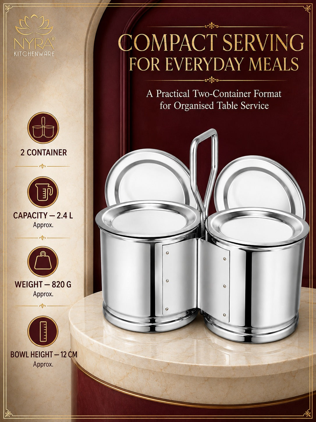 Stainless Steel Vegetable Holder/Chougadha with Lid | Heavy Gauge Food Grade Chaumukha - for serving | Available in 2, 3 & 4 Container Options
