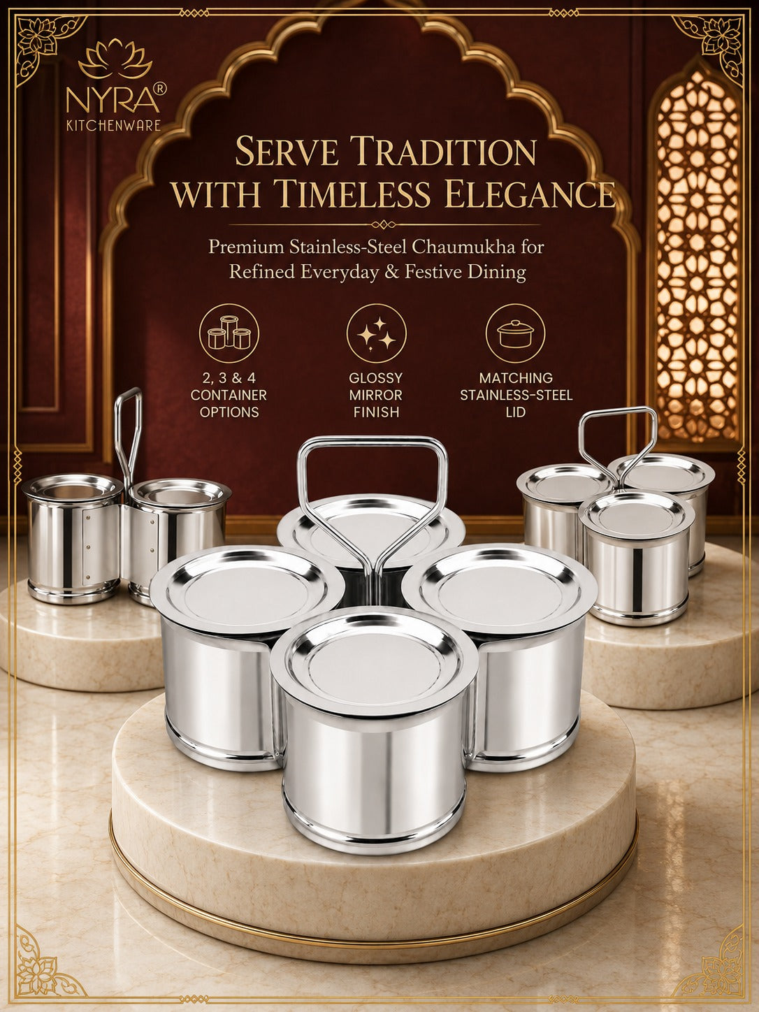 Stainless Steel Vegetable Holder/Chougadha with Lid | Heavy Gauge Food Grade Chaumukha - for serving | Available in 2, 3 & 4 Container Options