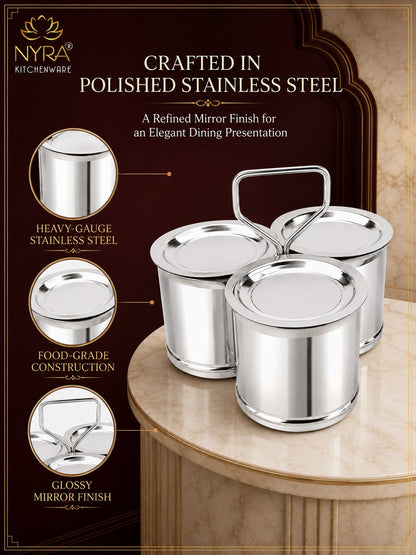 Stainless Steel Vegetable/Curry Holder (Chougadha) Serving Set with Lid & Serving Spoons | Glossy Mirror Finish Chaumukha | Multipurpose Buffet, Catering & Dining Serveware |