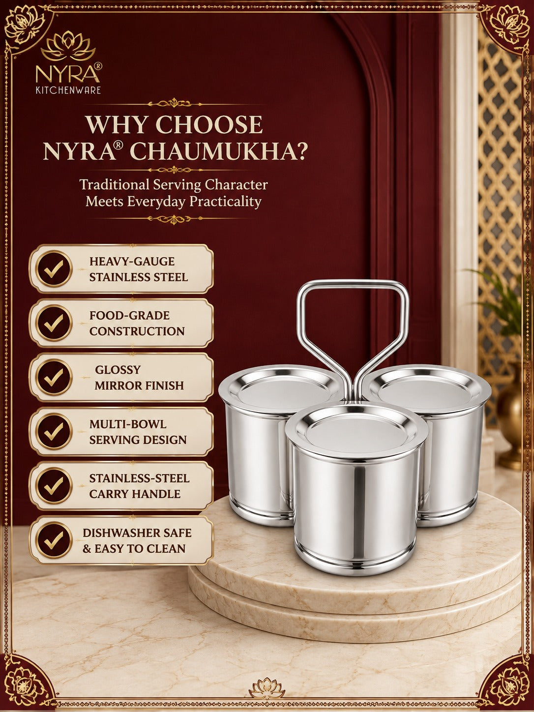 Stainless Steel Vegetable Holder/Chougadha with Lid | Heavy Gauge Food Grade Chaumukha - for serving | Available in 2, 3 & 4 Container Options