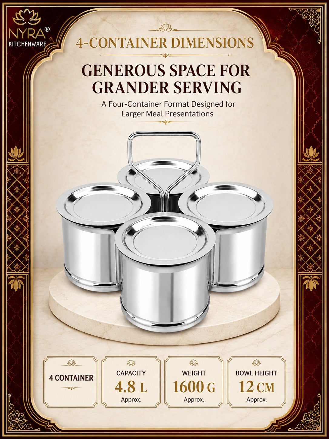 Stainless Steel Vegetable Holder/Chougadha with Lid | Heavy Gauge Food Grade Chaumukha - for serving | Available in 2, 3 & 4 Container Options