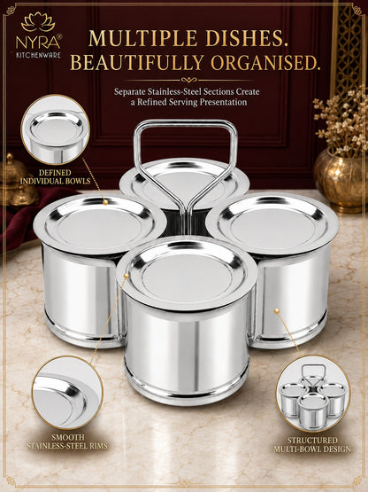 Stainless Steel Vegetable Holder/Chougadha with Lid | Heavy Gauge Food Grade Chaumukha - for serving | Available in 2, 3 & 4 Container Options