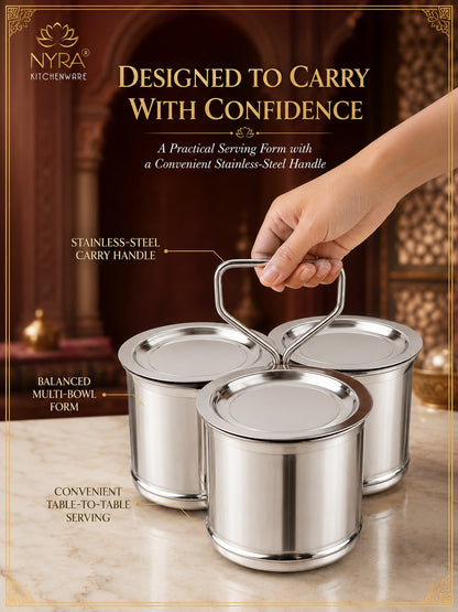 Stainless Steel Vegetable/Curry Holder (Chougadha) Serving Set with Lid & Serving Spoons | Glossy Mirror Finish Chaumukha | Multipurpose Buffet, Catering & Dining Serveware |