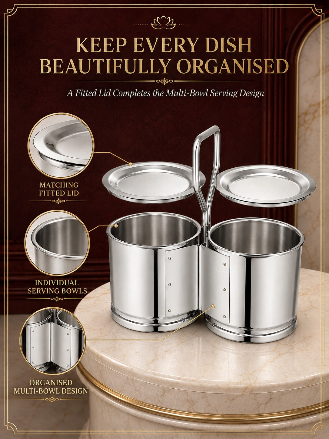 Stainless Steel Vegetable Holder/Chougadha with Lid | Heavy Gauge Food Grade Chaumukha - for serving | Available in 2, 3 & 4 Container Options
