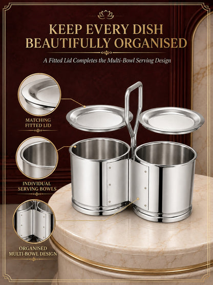 Stainless Steel Vegetable Holder/Chougadha with Lid | Heavy Gauge Food Grade Chaumukha - for serving | Available in 2, 3 & 4 Container Options
