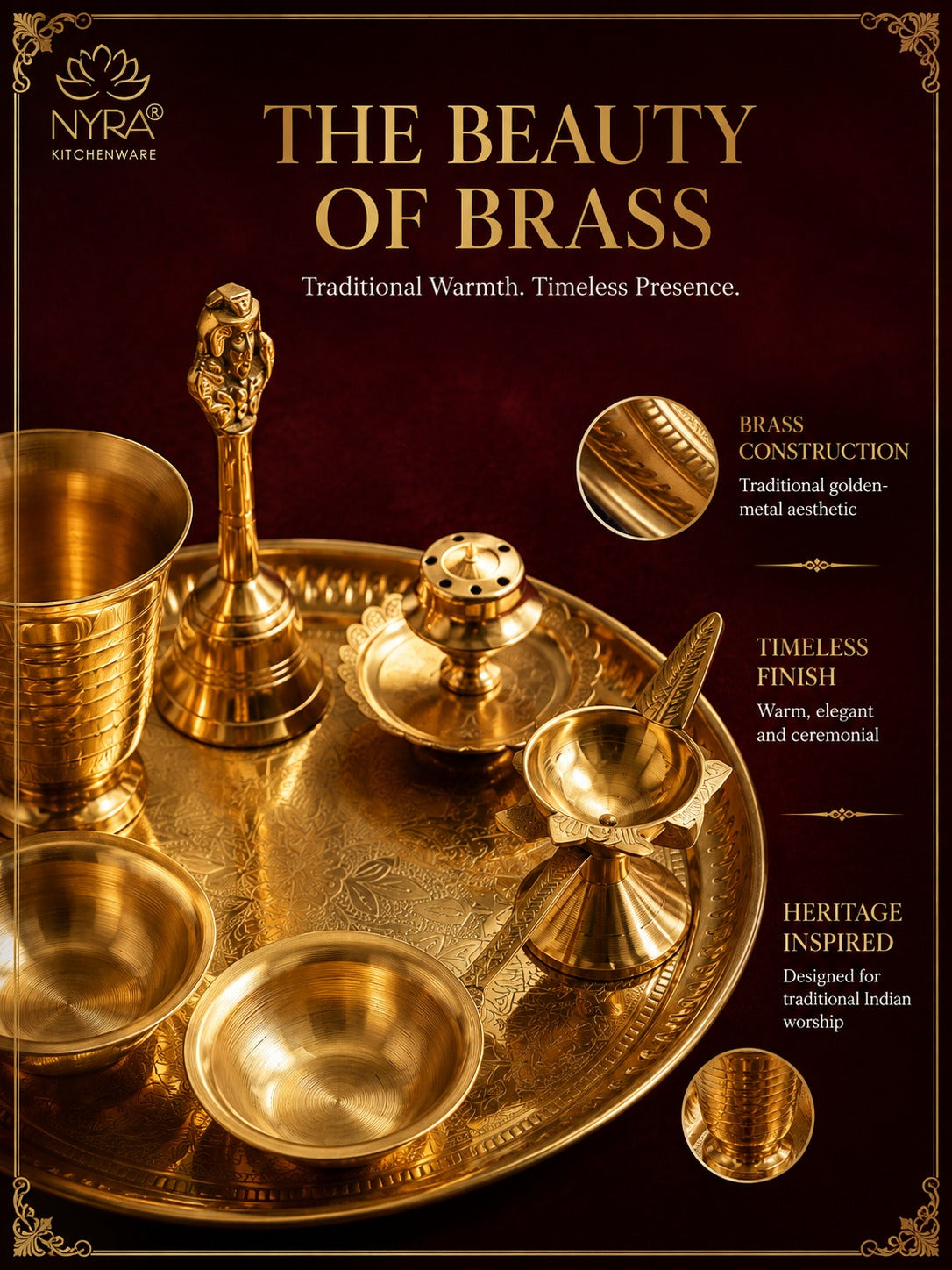 Brass Pooja Thali Set with Diya, Bell, Kalash, Incense Holder, and Bowls - Making it Ideal for Daily Worship and Special Ceremonies