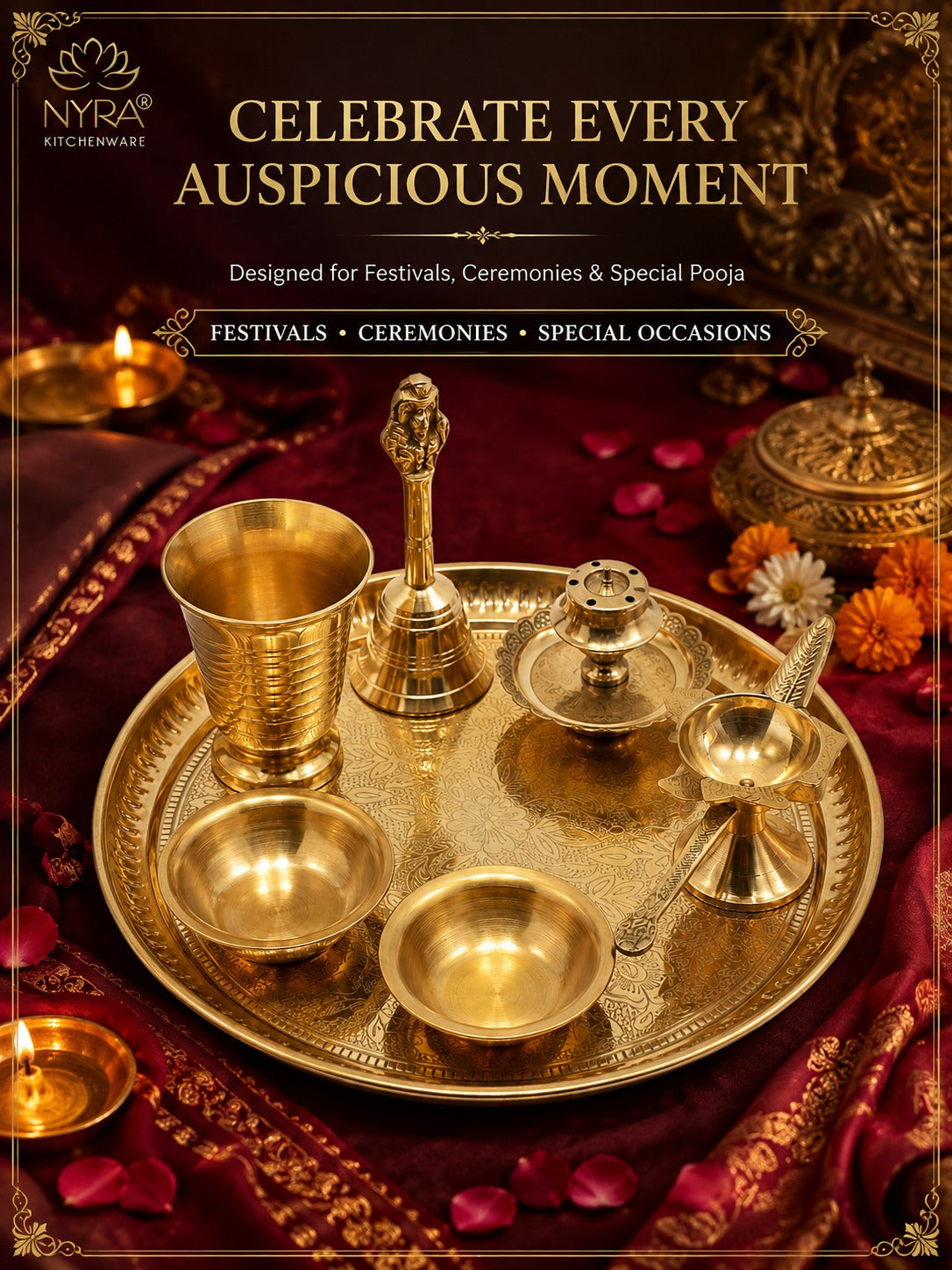 Brass Pooja Thali Set with Diya, Bell, Kalash, Incense Holder, and Bowls - Making it Ideal for Daily Worship and Special Ceremonies